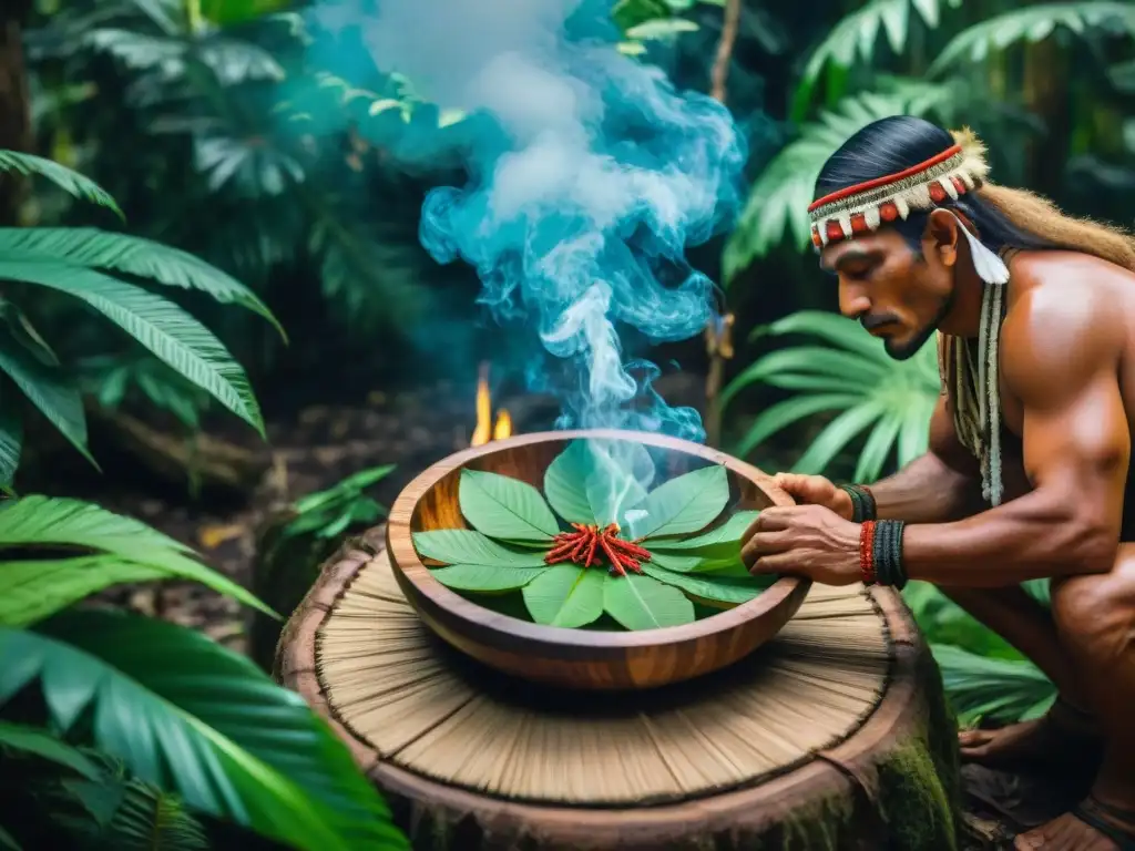 Un chamán en la selva amazónica prepara una ceremonia con plantas mágicas para bienestar espiritual