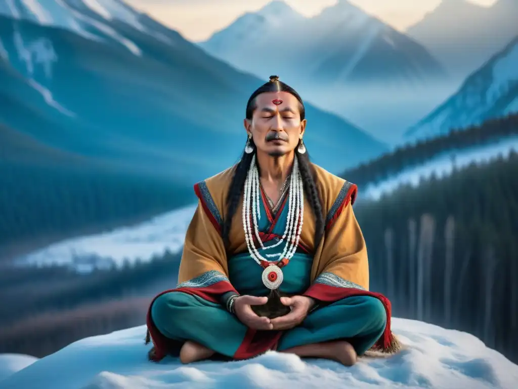 Un chamán siberiano meditando en un paisaje nevado, transmitiendo sabiduría ancestral y conexión a la naturaleza