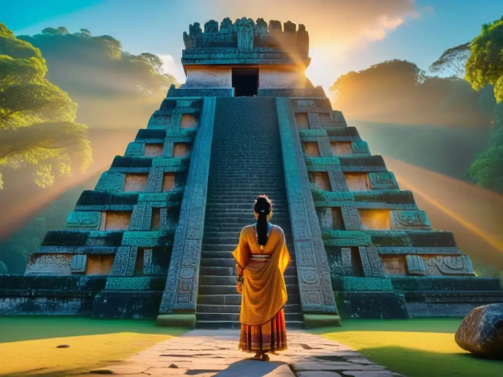 Un chamán en un templo maya antiguo, con cristales y carvings, bajo la luz del sol