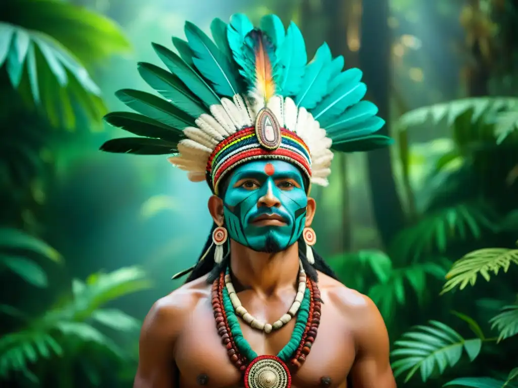 Un chamán de una tribu mesoamericana en vestimenta tradicional, realizando un ritual espiritual en la selva, rodeado de velas y hierbas aromáticas