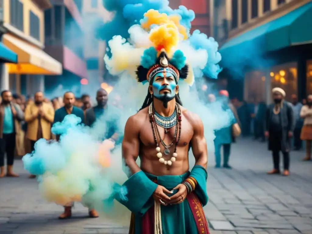 Un chamán urbano en medio de una poderosa ceremonia, rodeado de personas diversas, en una plaza bulliciosa