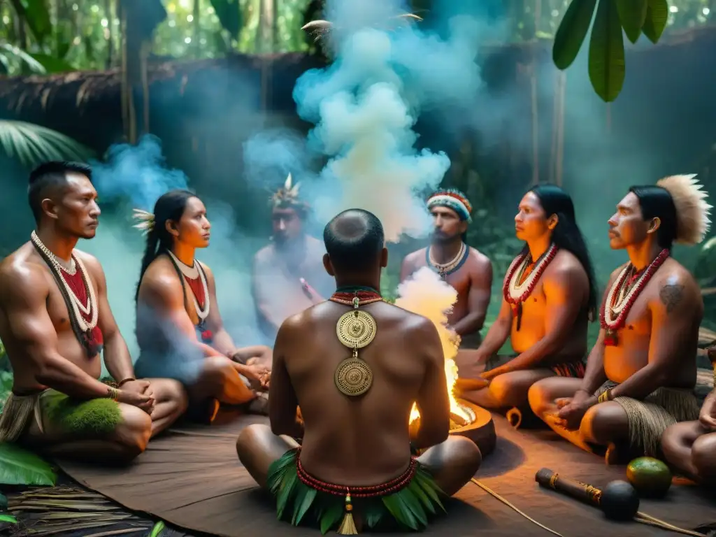 Ceremonia chamánica en la selva amazónica Iniciación chamánica en culturas indígenas: Ceremonia en la selva amazónica con chamán y comunidad en ritual sagrado