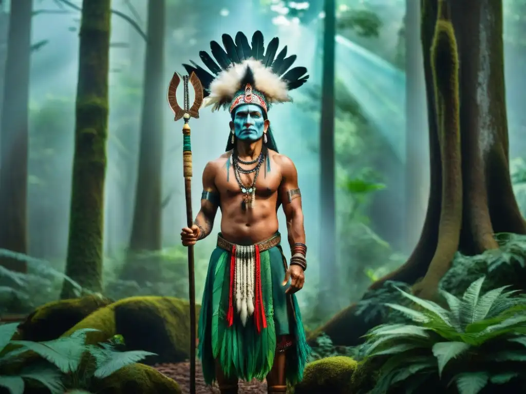 Shamán en Bosque Sagrado: Conexión Mística con la Naturaleza Iniciación chamánica en culturas indígenas: Un chamán en la espesura del bosque con su bastón ceremonial, rodeado de árboles antiguos y misterio