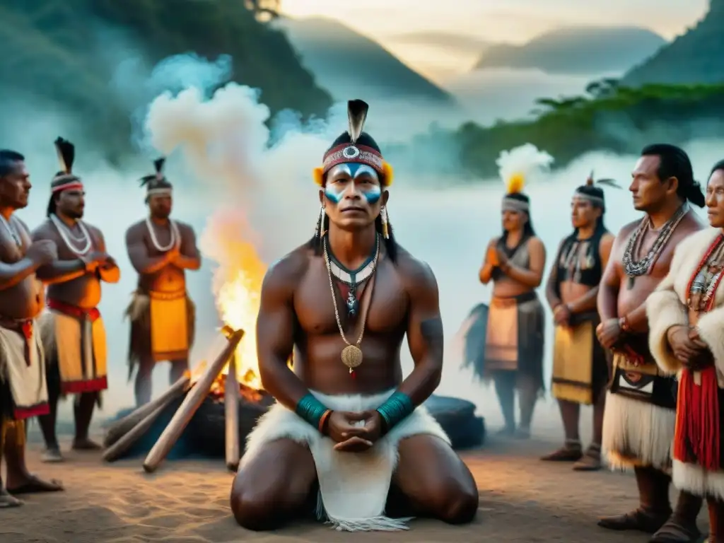 Ritual chamánico en la selva: iniciación ancestral Iniciación chamánica en culturas indígenas: Un ritual tribal iluminado por el fuego en la selva mística