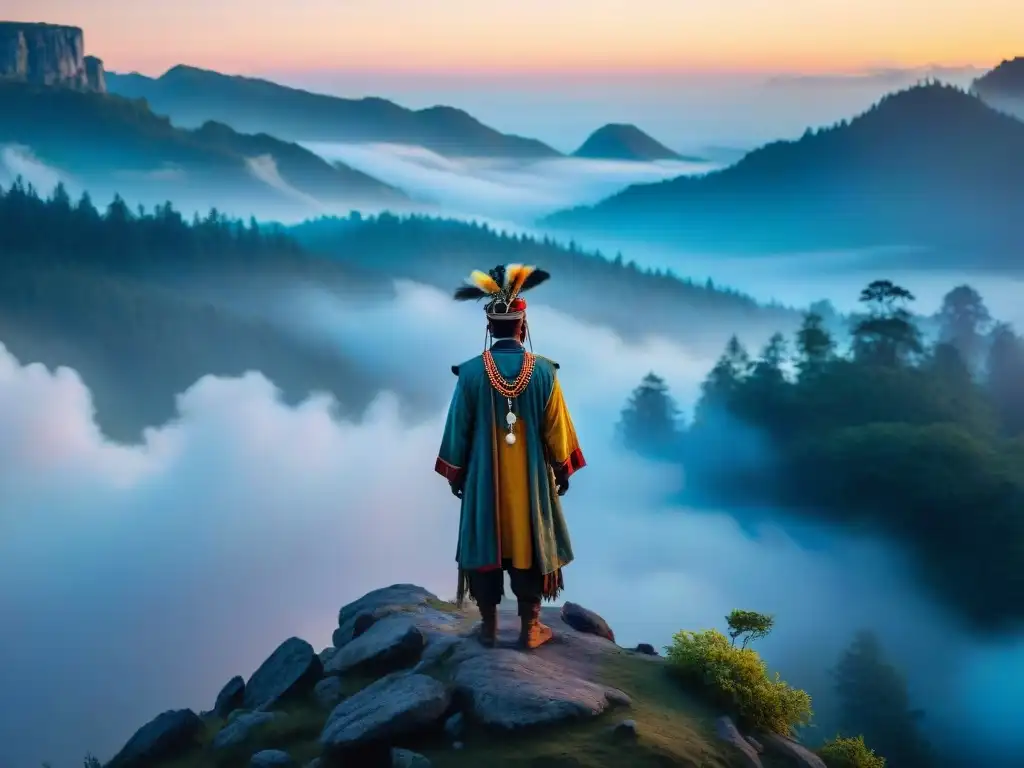 Shamán en la cima: conexión espiritual al amanecer Iniciación chamánica en culturas indígenas: Silueta de un chamán en la cima neblinosa de una montaña al amanecer, conectado con la naturaleza ancestral