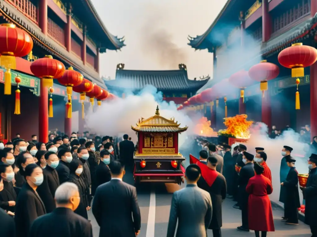 Una procesión fúnebre tradicional china con ritos funerarios antiguos en una bulliciosa calle de la ciudad