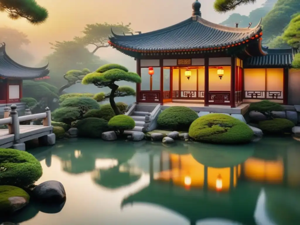 Un jardín chino sereno al atardecer con una pagoda, estanque y bonsáis, evocando meditación en culturas ancestrales cosmos