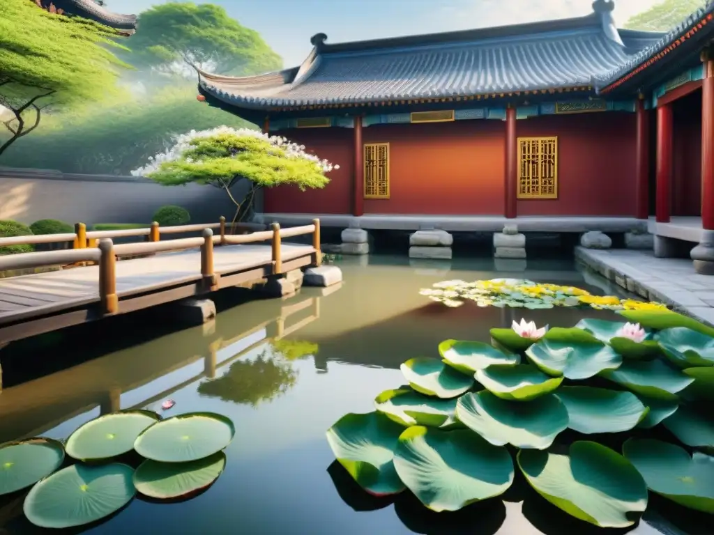 Jardín chino tradicional: armonía y serenidad con Feng Shui Jardín chino tradicional con estanque de lotos, puente de madera y pagoda, transmitiendo armonía en el hogar con Feng Shui