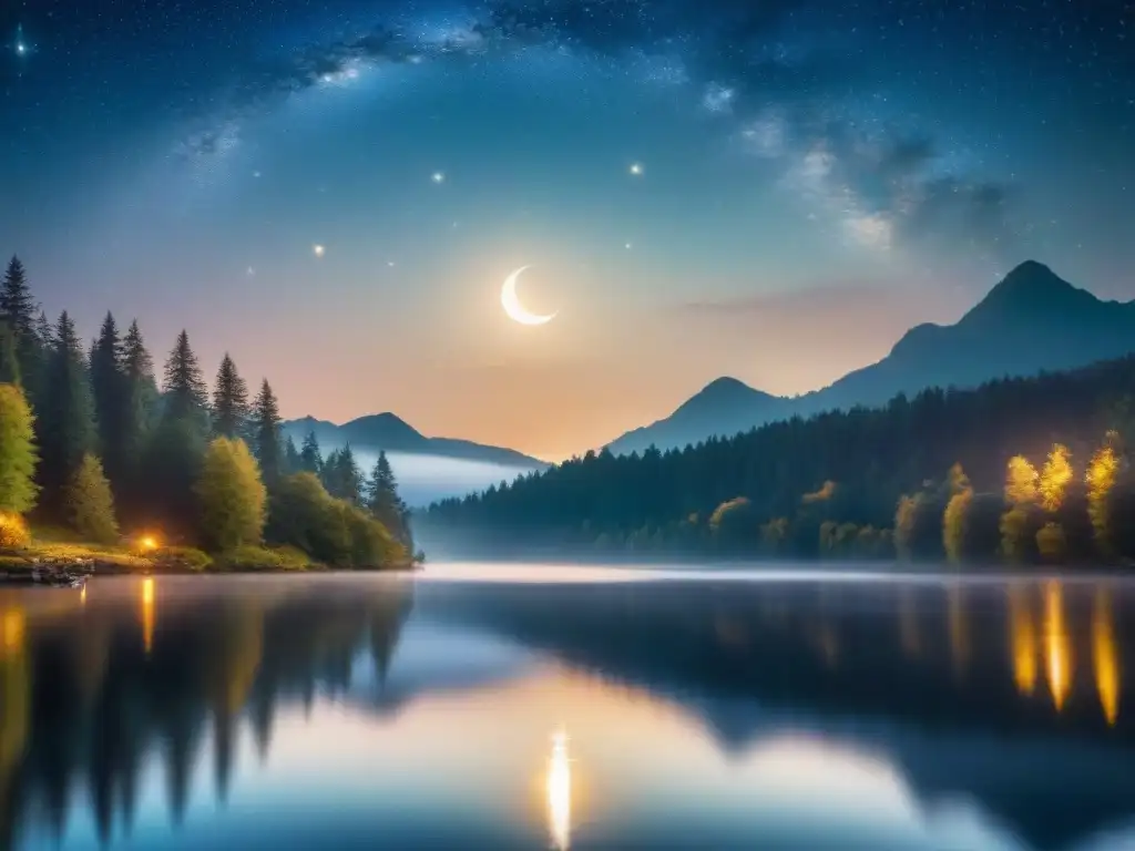 Un cielo estrellado con una nueva luna sobre un lago tranquilo, creando una escena de introspección y conexión con el universo