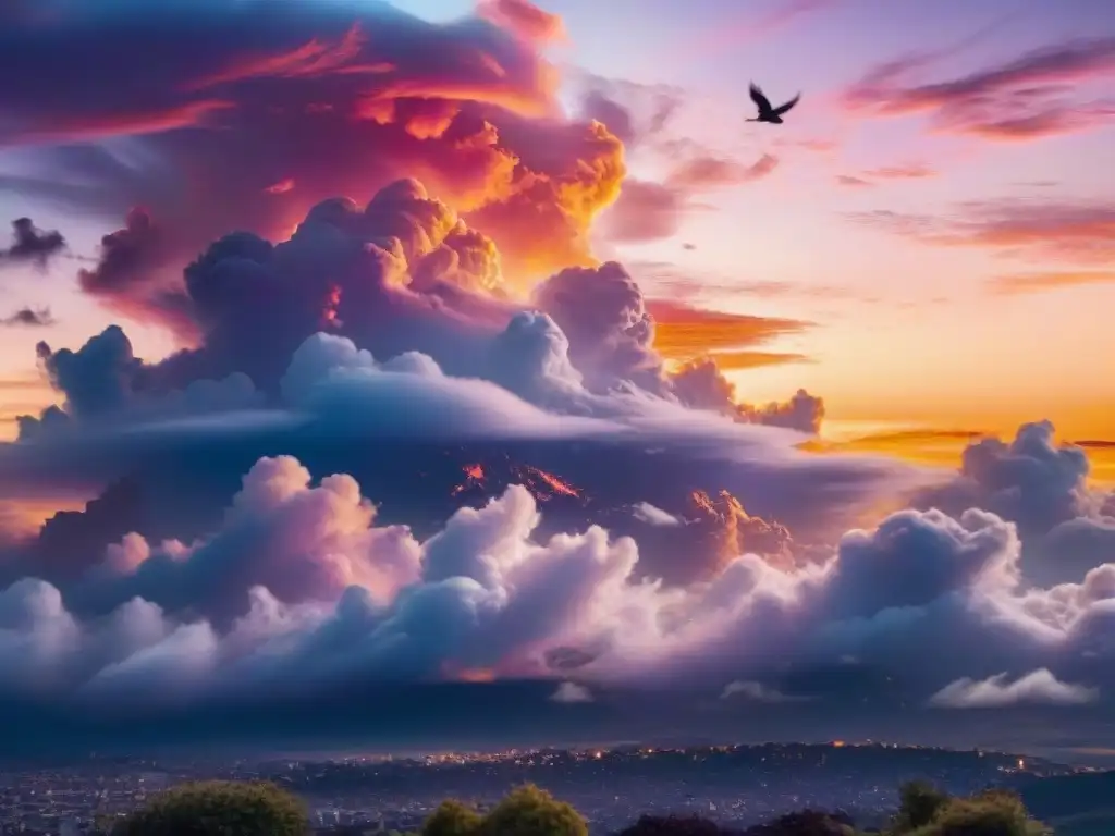 Un cielo vibrante al atardecer con nubes que parecen criaturas míticas