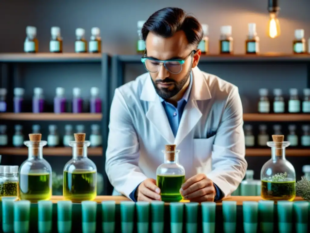 Científico destilando aceites esenciales de lavanda en laboratorio moderno, combina ciencia y sabiduría botánica