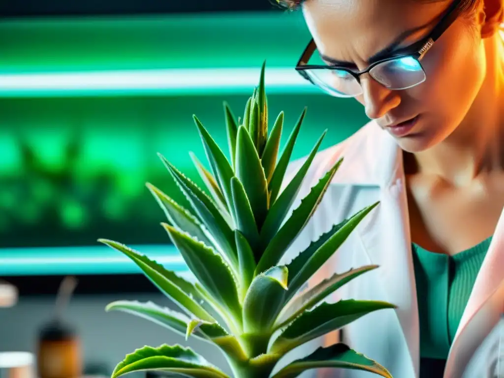 Científico examinando hoja de sábila bajo microscopio en laboratorio moderno