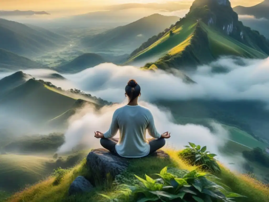 Meditación en la cima de la montaña al amanecer, en armonía con la naturaleza