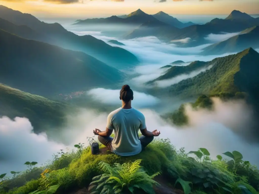 Meditación en la cima al amanecer, rodeada de naturaleza exuberante y valles en la niebla