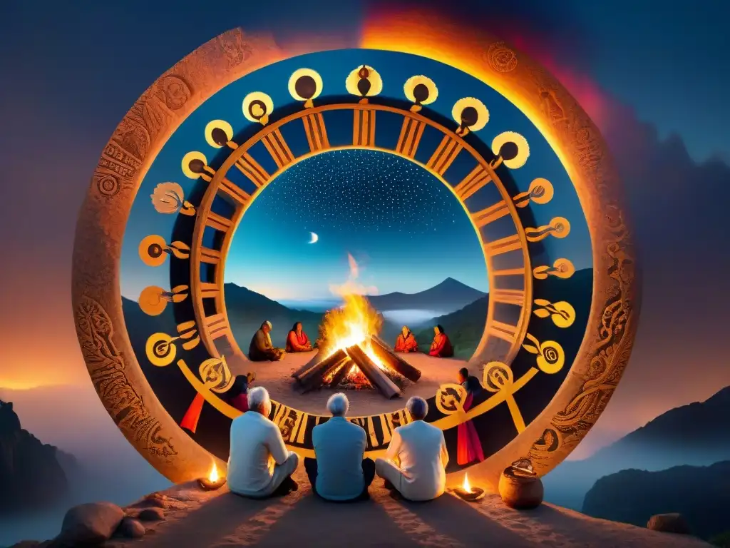 Círculo de ancianos de civilizaciones antiguas compartiendo historias alrededor del fuego bajo un cielo estrellado, representando la tradición oral