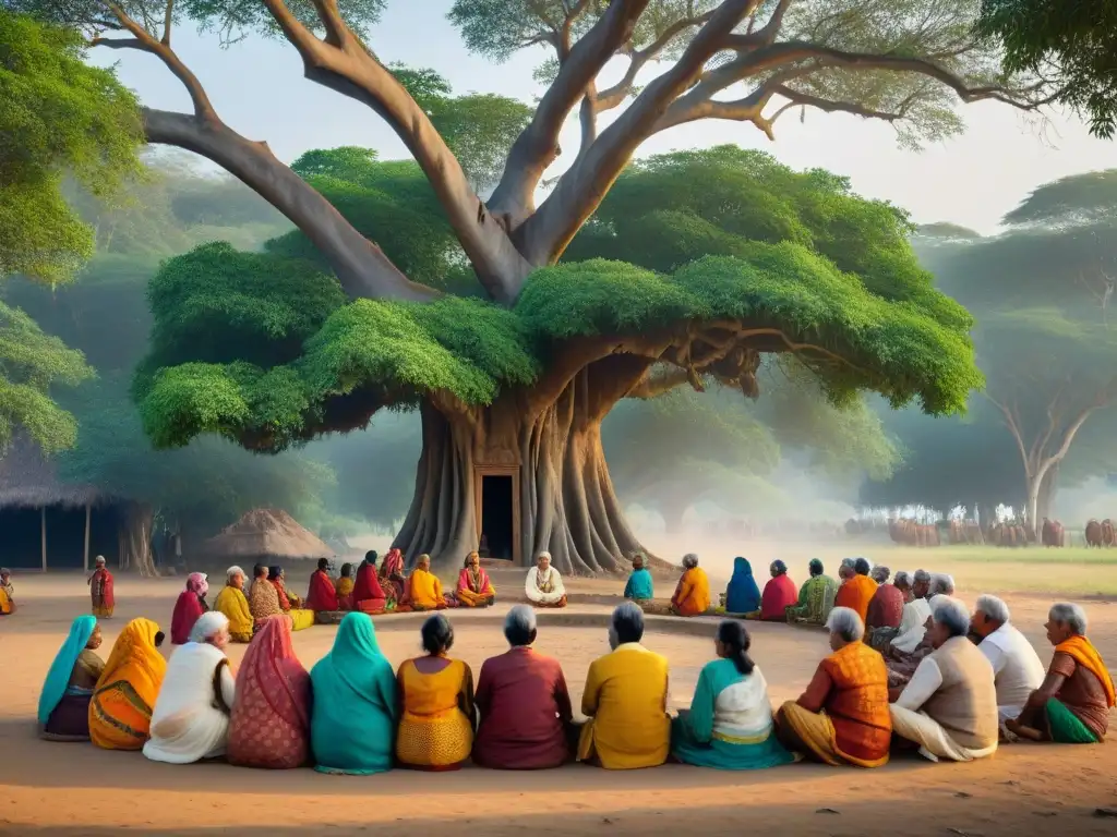 Un círculo de ancianos y niños escuchando historias bajo un árbol banyan en una aldea india