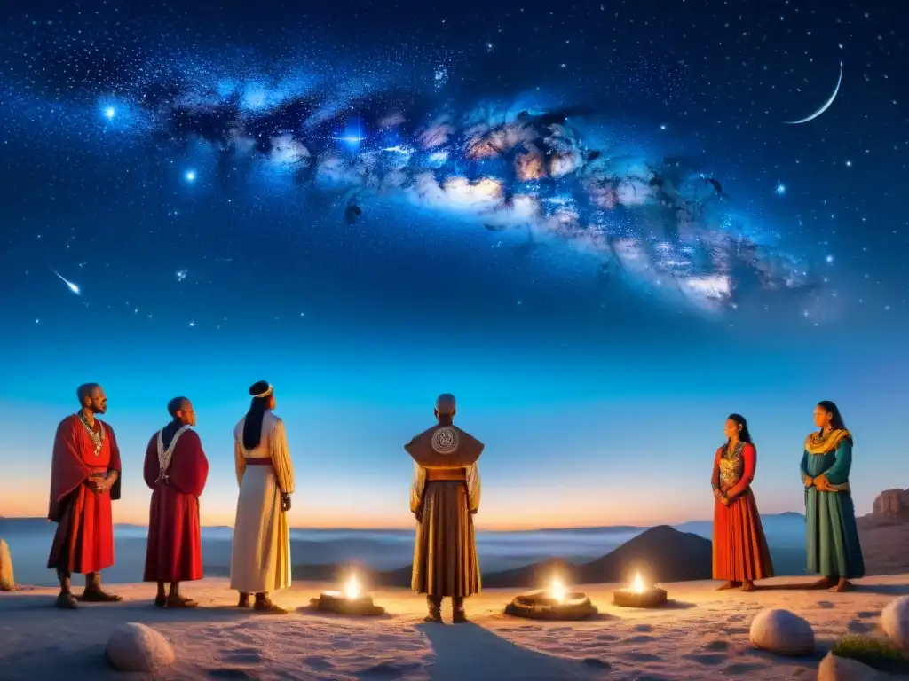 Rituales de Iniciación bajo el Cielo Estrellado: Conexión Ancestral Círculo de antiguos con vestimenta ceremonial bajo un cielo estrellado, fusionando astronomía y rituales de iniciación en civilizaciones