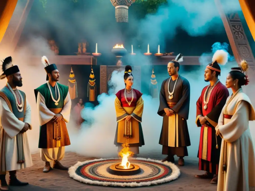 Ritual de artistas contemporáneos: misterio y tradición Un círculo de artistas contemporáneos en atuendos ceremoniales rodeados de artefactos simbólicos, creando una atmósfera mística