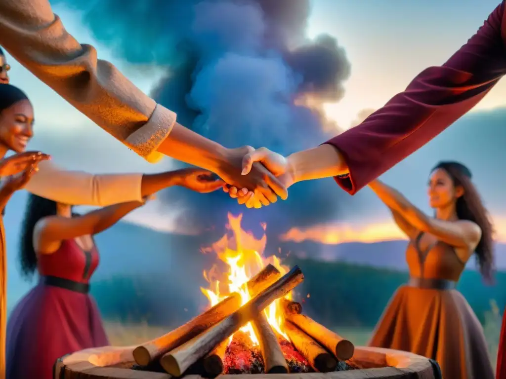 Un círculo de brujas modernas realiza un ritual alrededor de una hoguera bajo un cielo estrellado