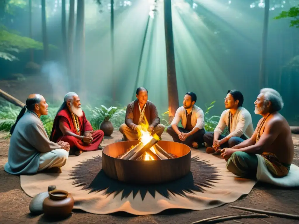 Un círculo ceremonial en el bosque con ancianos, científicos y líderes espirituales interpretando mensajes ancestrales