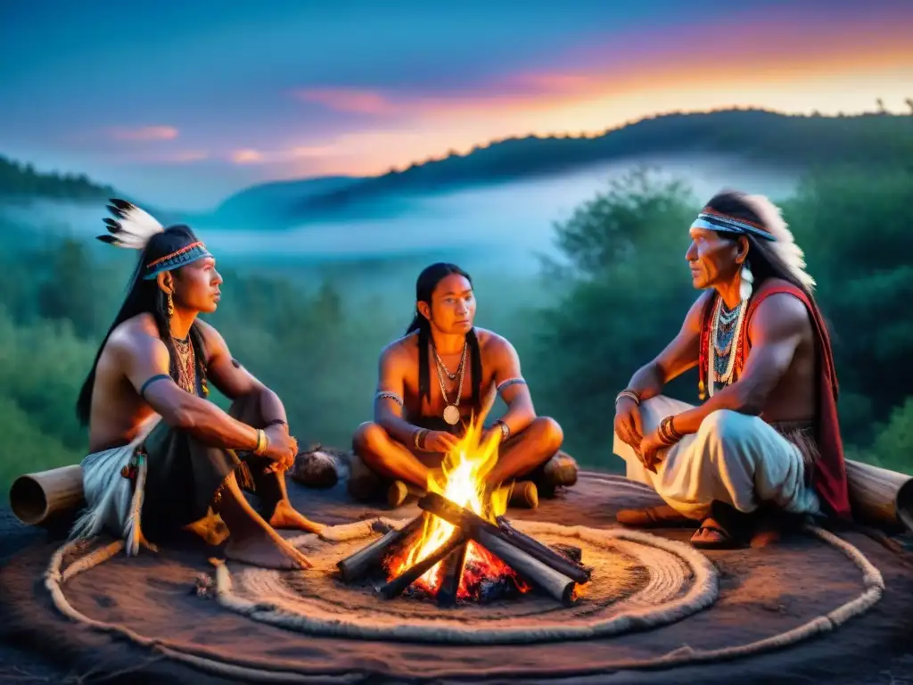 Círculo de chamanes nativos americanos en meditaciones chamánicas alrededor de fuego nocturno en bosque estrellado