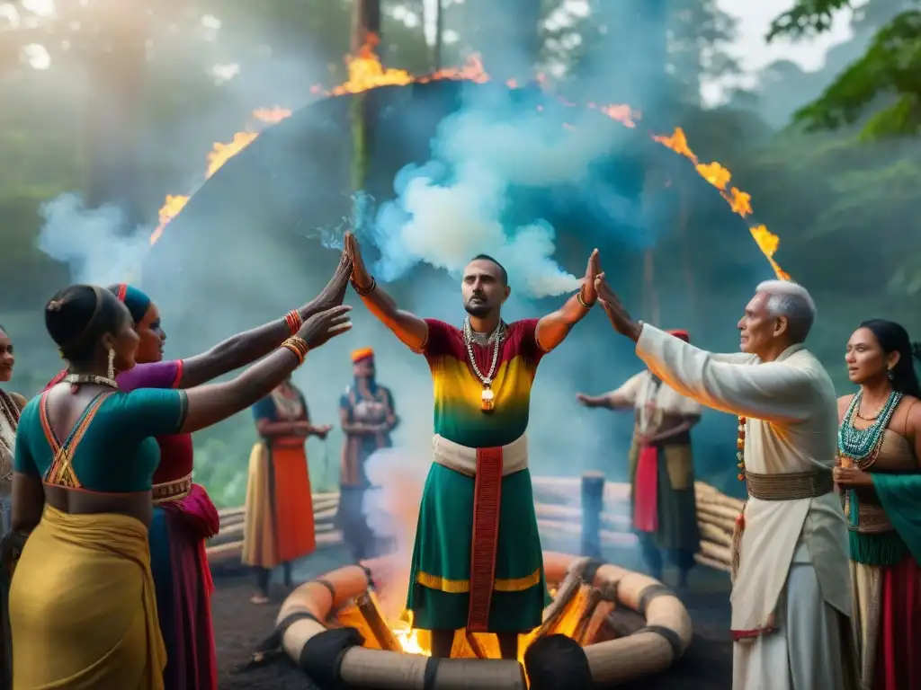 Círculo de diversidad en ritual chamánico neopagano en el bosque