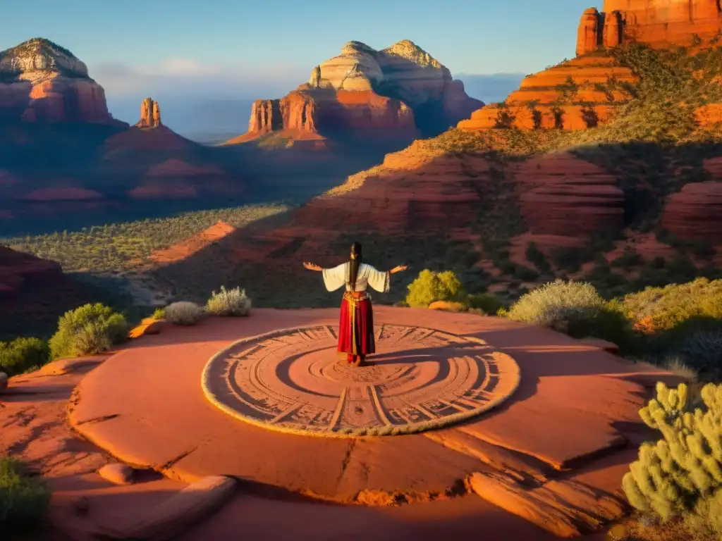 Círculo espiritual en Sedona, Arizona, con vórtices energéticos y nativos americanos conectados a la tierra al atardecer