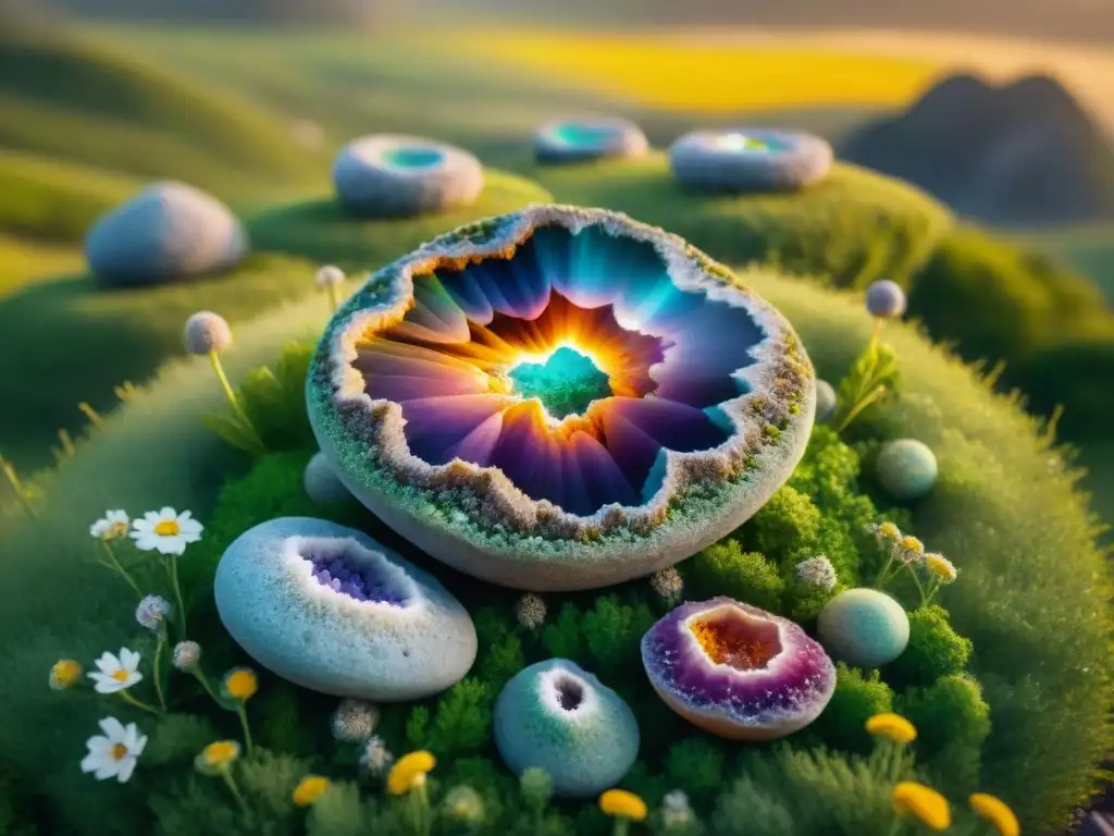 Geodas ancestrales en círculo: energía mística en pradera dorada Un círculo de geodas como portales energéticos antiguos en un prado verde vibrante al atardecer, rodeado de flores silvestres