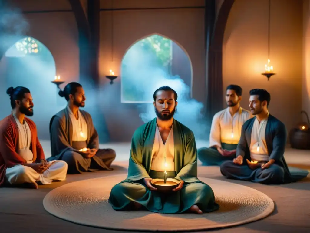 Un círculo de meditación Sufi iluminado por velas, transmitiendo el poder curativo de las meditaciones sufíes