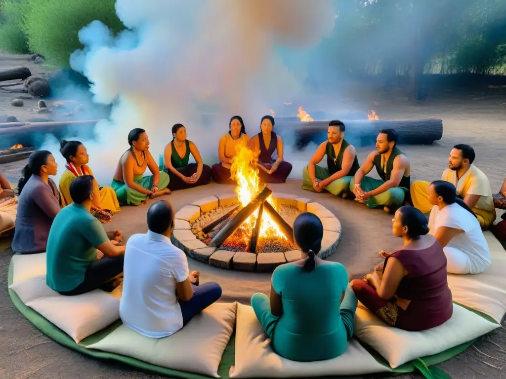 Un círculo de individuos en una ceremonia tradicional alrededor del fuego