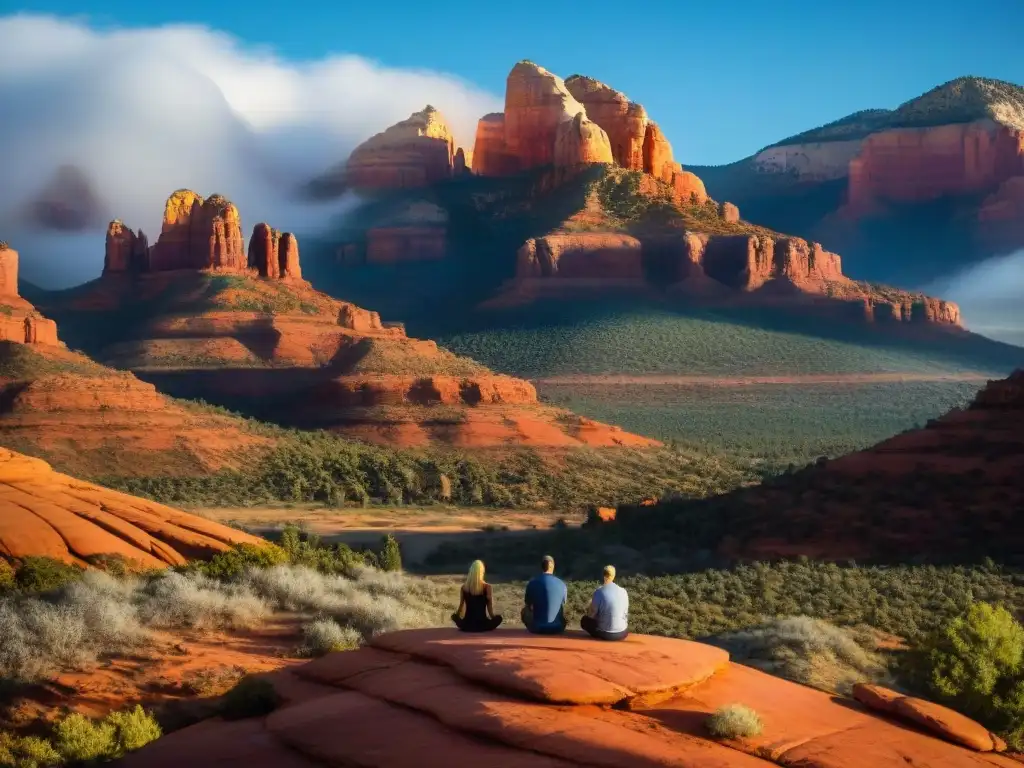 Un círculo de individuos en meditación, conectados con la energía de los vórtices energéticos de Sedona bajo la iluminación del sol