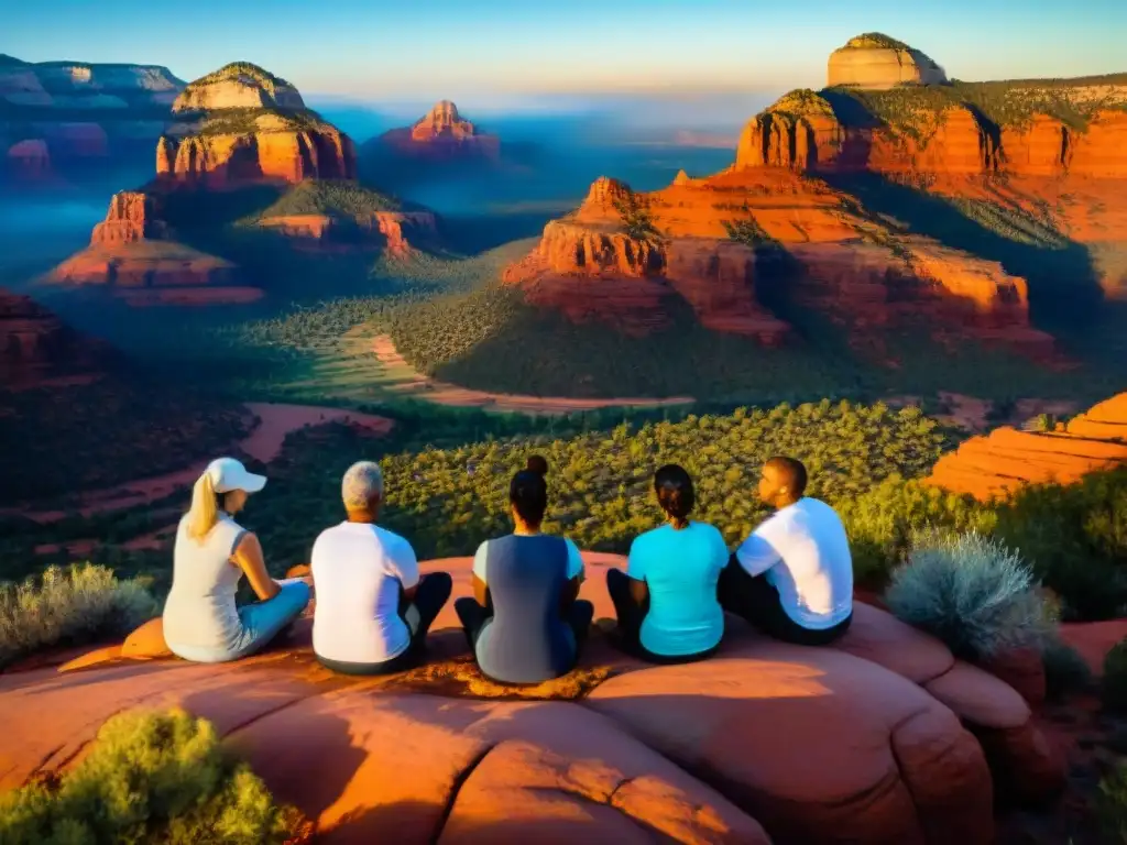 Un círculo de individuos diversos en un retiro espiritual en Sedona, con energía transformadora en el atardecer