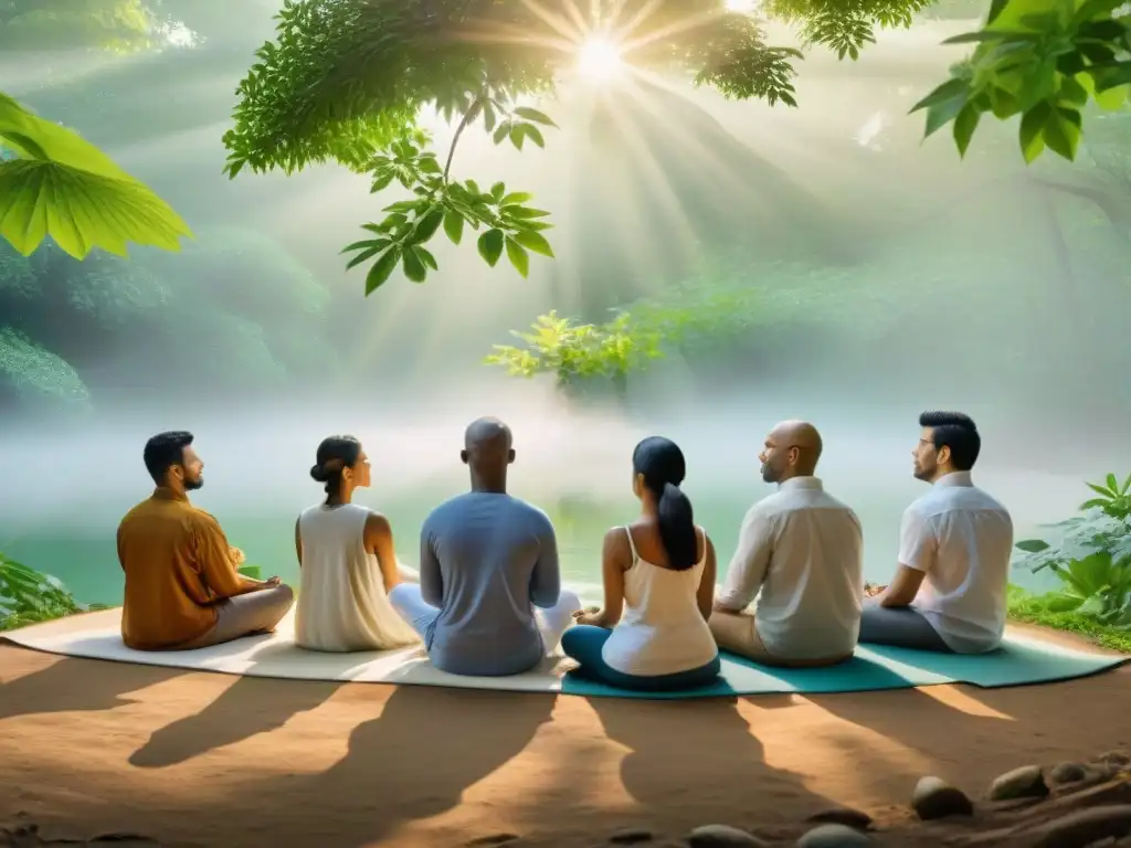 Un círculo de meditadores diversos en la naturaleza: conexión espiritual y beneficios de la meditación mindfulness en la vida moderna