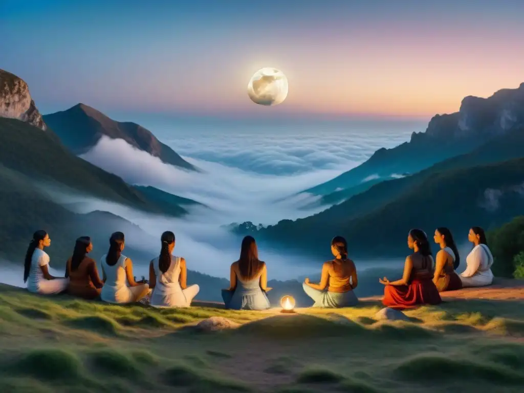 Un círculo de mujeres de diversas culturas practicando rituales bajo la luna llena en un paisaje místico