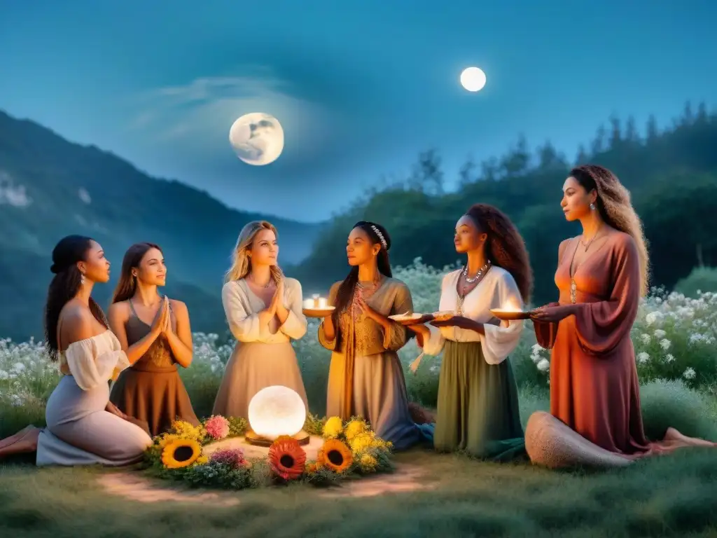 Un círculo de mujeres diversas bajo la luna llena, vistiendo prendas terrosas, se unen en un ritual de Culto a lo Femenino Neopaganismo