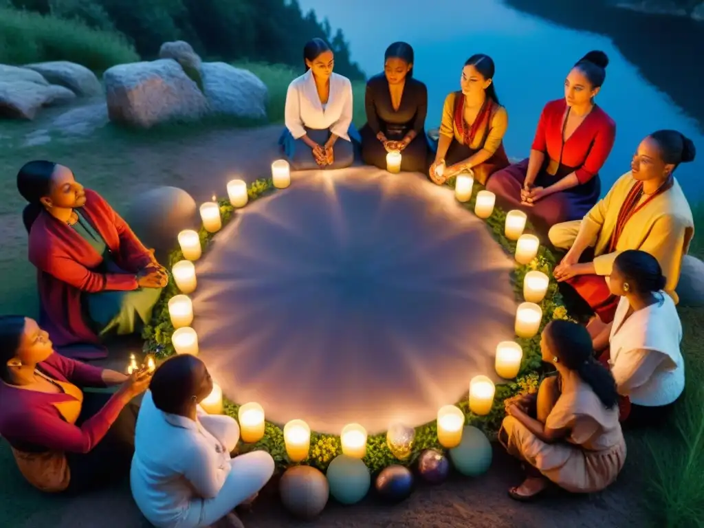 Círculo de mujeres diversas en ritual bajo la luna