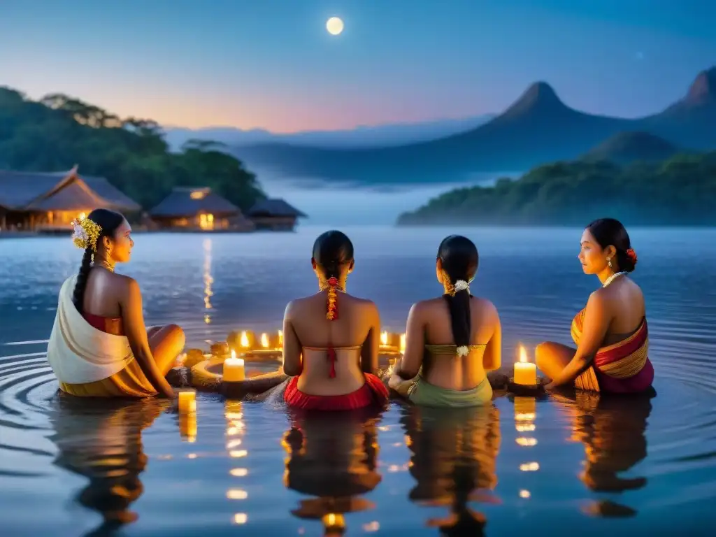 Un círculo de mujeres indígenas de diversas culturas participa en un ritual de baño de luna