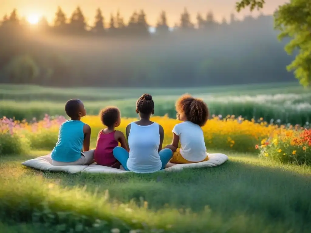 Círculo de niños conscientes en la naturaleza al atardecer, transmitiendo paz y espiritualidad en su crianza