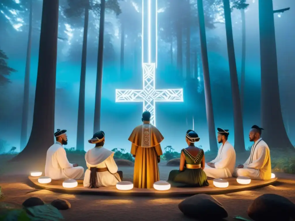 Un círculo de personas diversas viste atuendos neopaganos en un bosque digital, rodeando un altar brillante