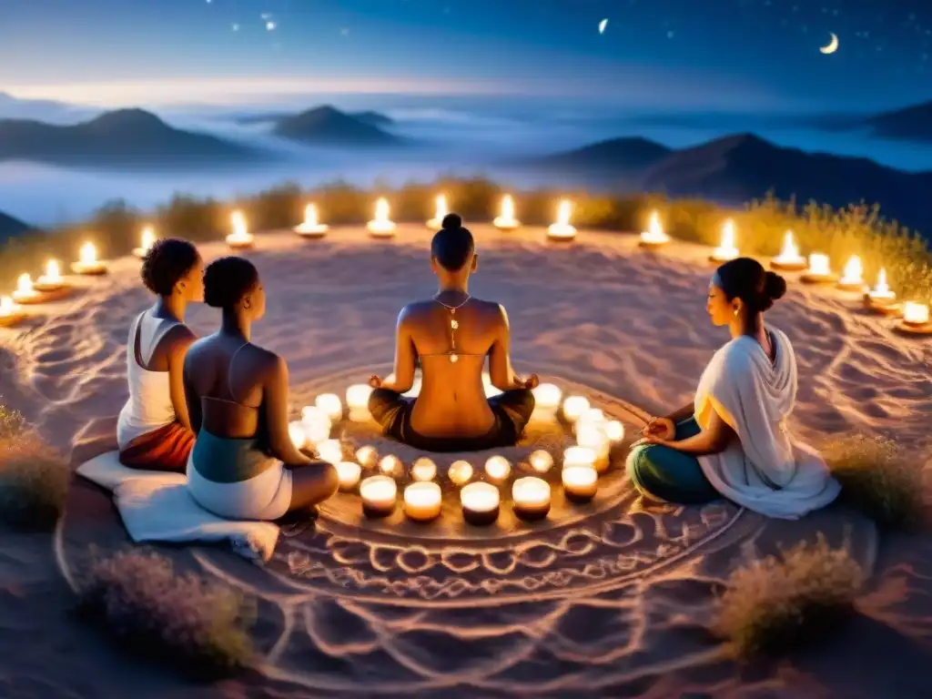 Un círculo de personas diversas en meditación bajo un cielo estrellado, rodeados de velas y símbolos esotéricos