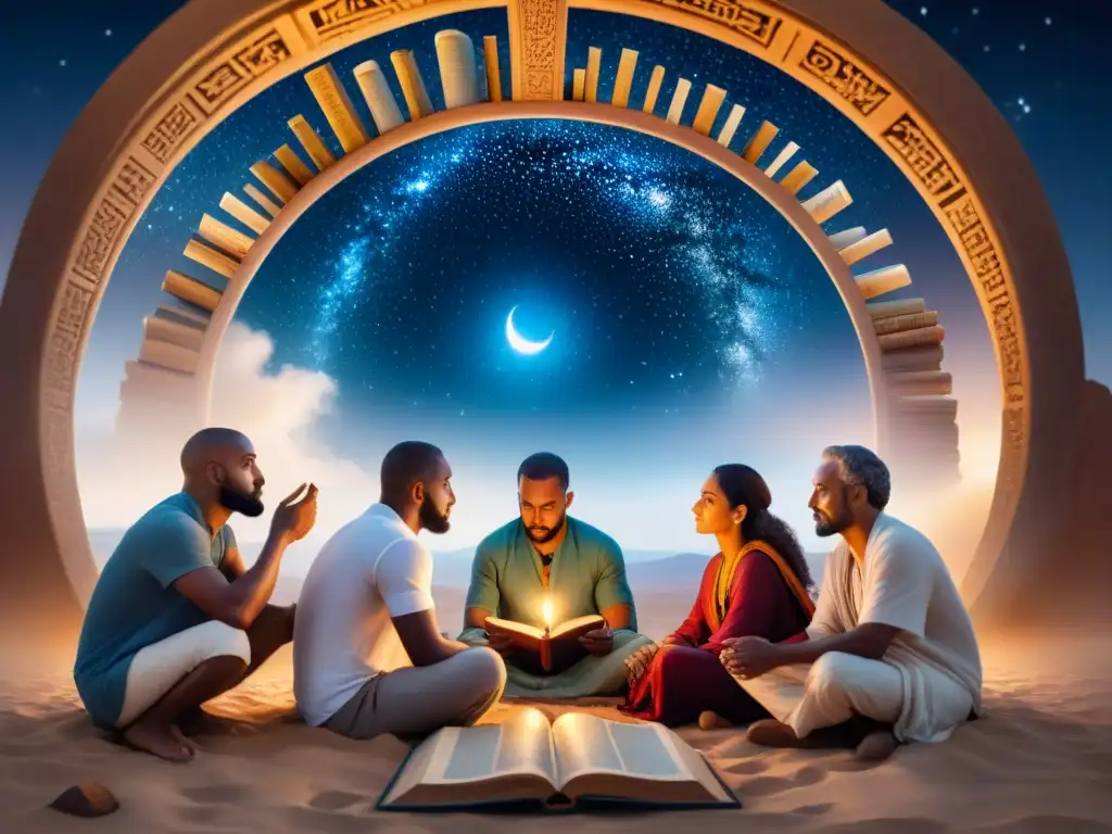 Un círculo de personas diversas bajo un cielo estrellado, conectadas por las Enseñanzas espirituales del Libro Urantia