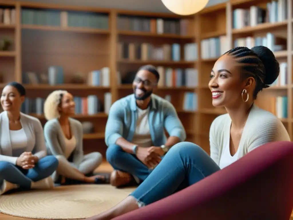 Un círculo de personas diversas comparte historias en una sala acogedora iluminada cálidamente