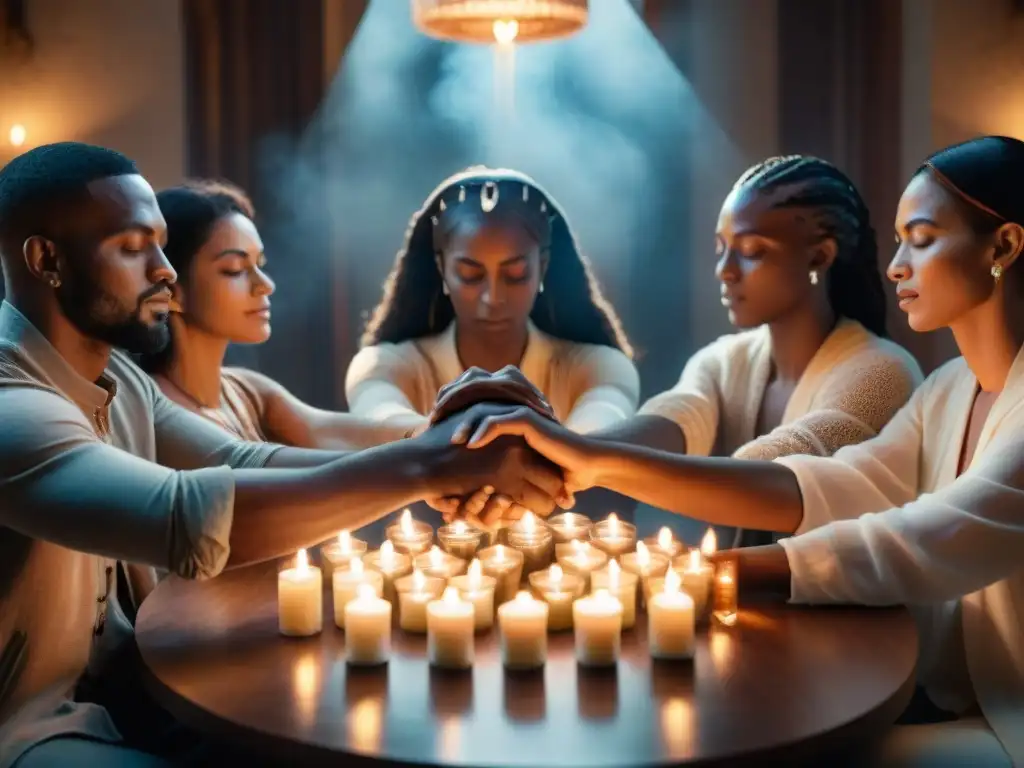 Un círculo de personas diversas se une alrededor de una mesa iluminada por velas, en una habitación tenue