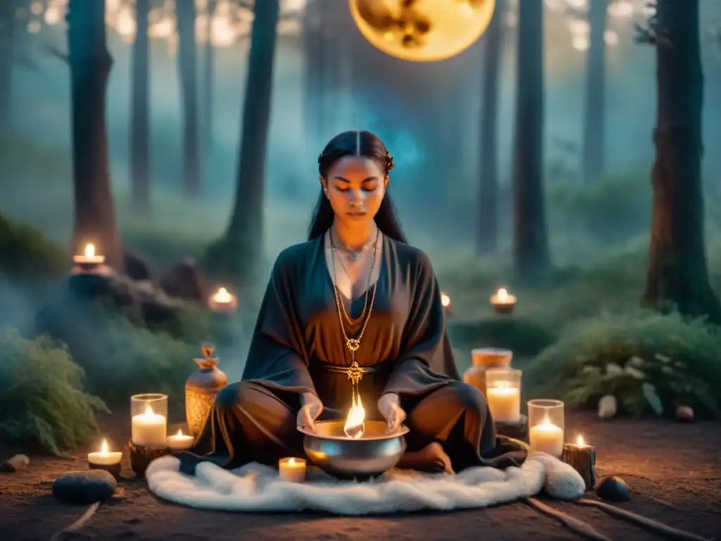 Un círculo de personas diversas realiza un ritual Wicca en un bosque místico, iluminado por la luna y velas, evocando la práctica y filosofía de Wicca
