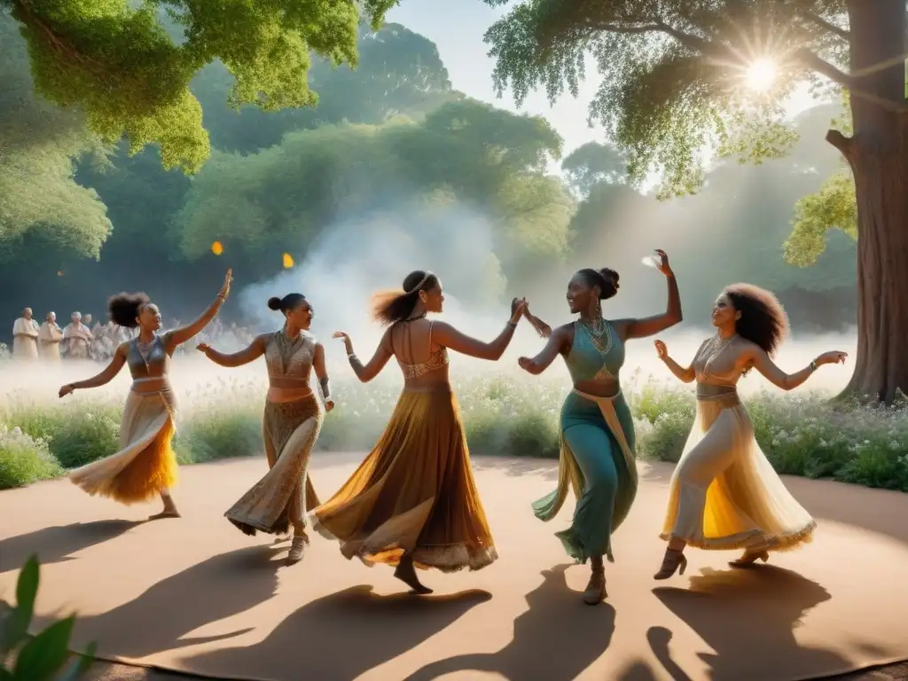 Círculo de personas diverse danzando en la naturaleza, celebrando la conexión espiritual en una danza sagrada neopagana