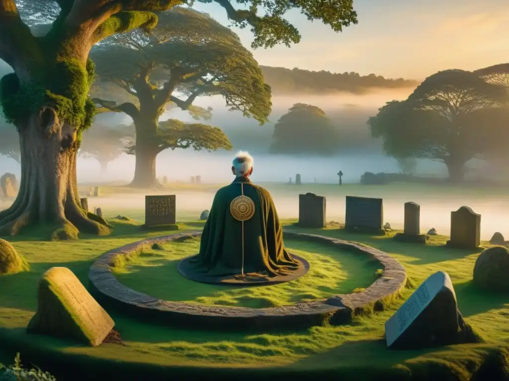 Círculo de piedra al amanecer con druidas modernos en meditación, en un renacimiento druídico de sabiduría ancestral moderna