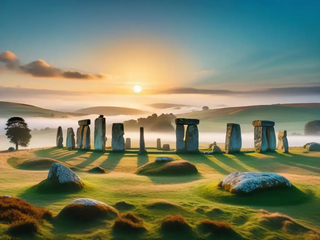 Círculo de piedra neolítico en valle verde con solsticio de verano