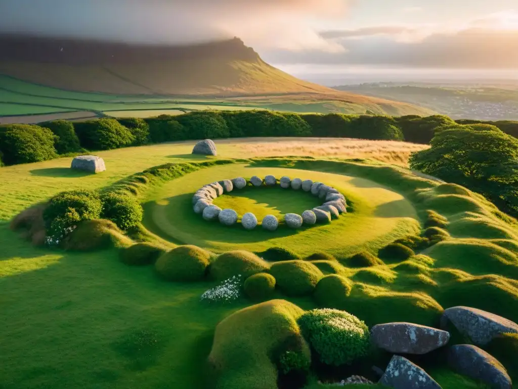 Un círculo de piedras antiguas en Irlanda celta, bañado por la luz del atardecer