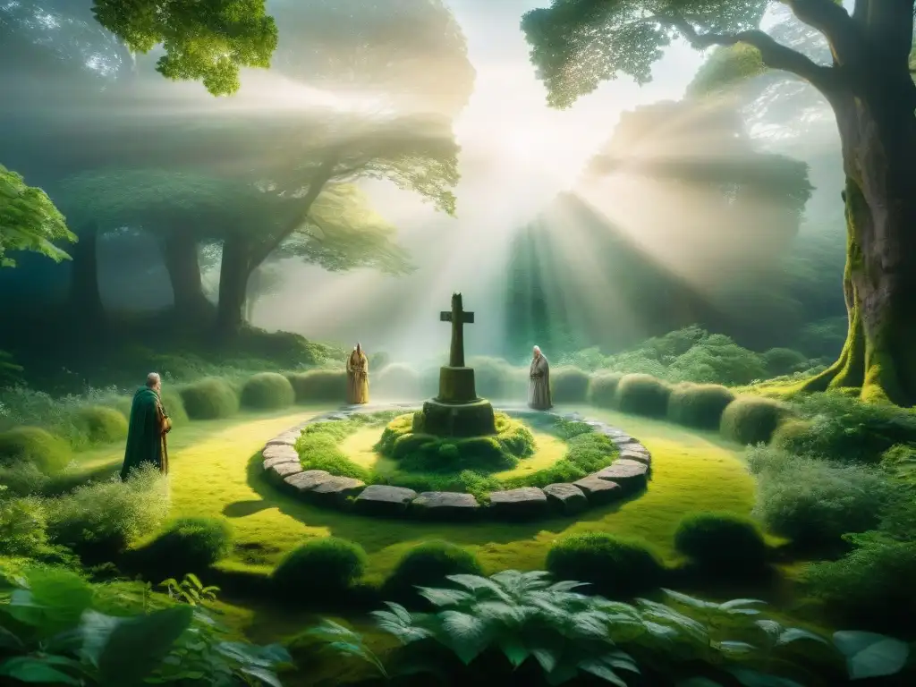 Un círculo de piedras antiguo en un bosque verde, con druidas en una ceremonia rodeados de hierbas y cristales