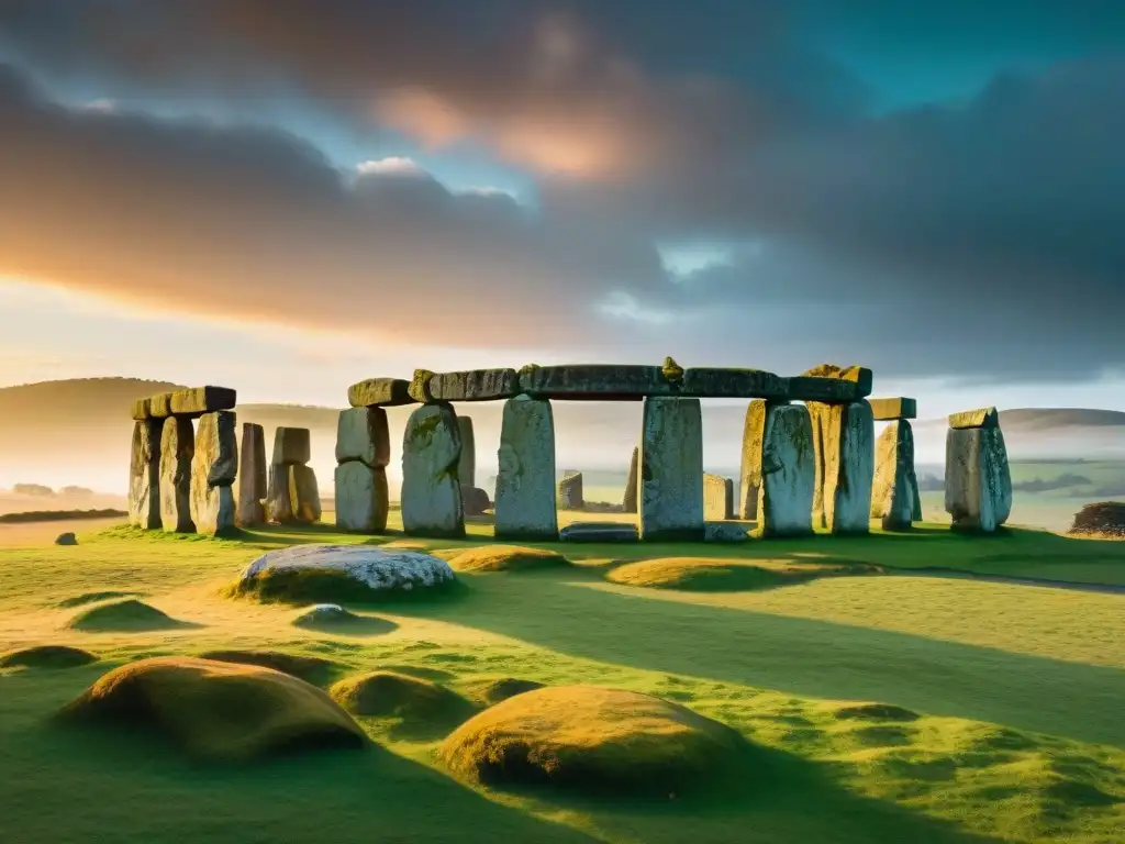 Círculo de piedras celtas al atardecer: misterio y majestuosidad Un círculo de piedras celtas al atardecer, menhires imponentes proyectan sombras largas en paisaje verde